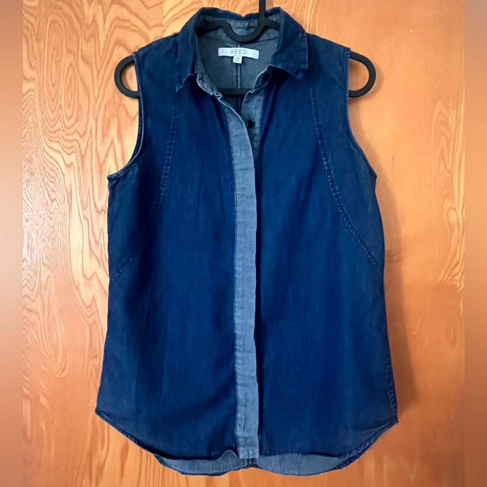 Sleeveless Denim Button-Up Shirt